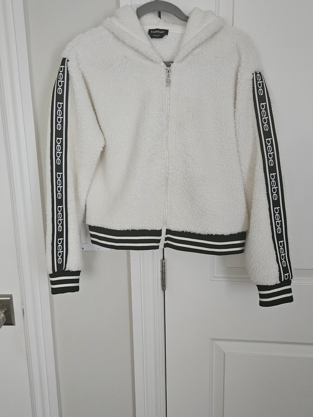 Bebe White Sherpa Zip Hoodie with Logo Sleeve Tape